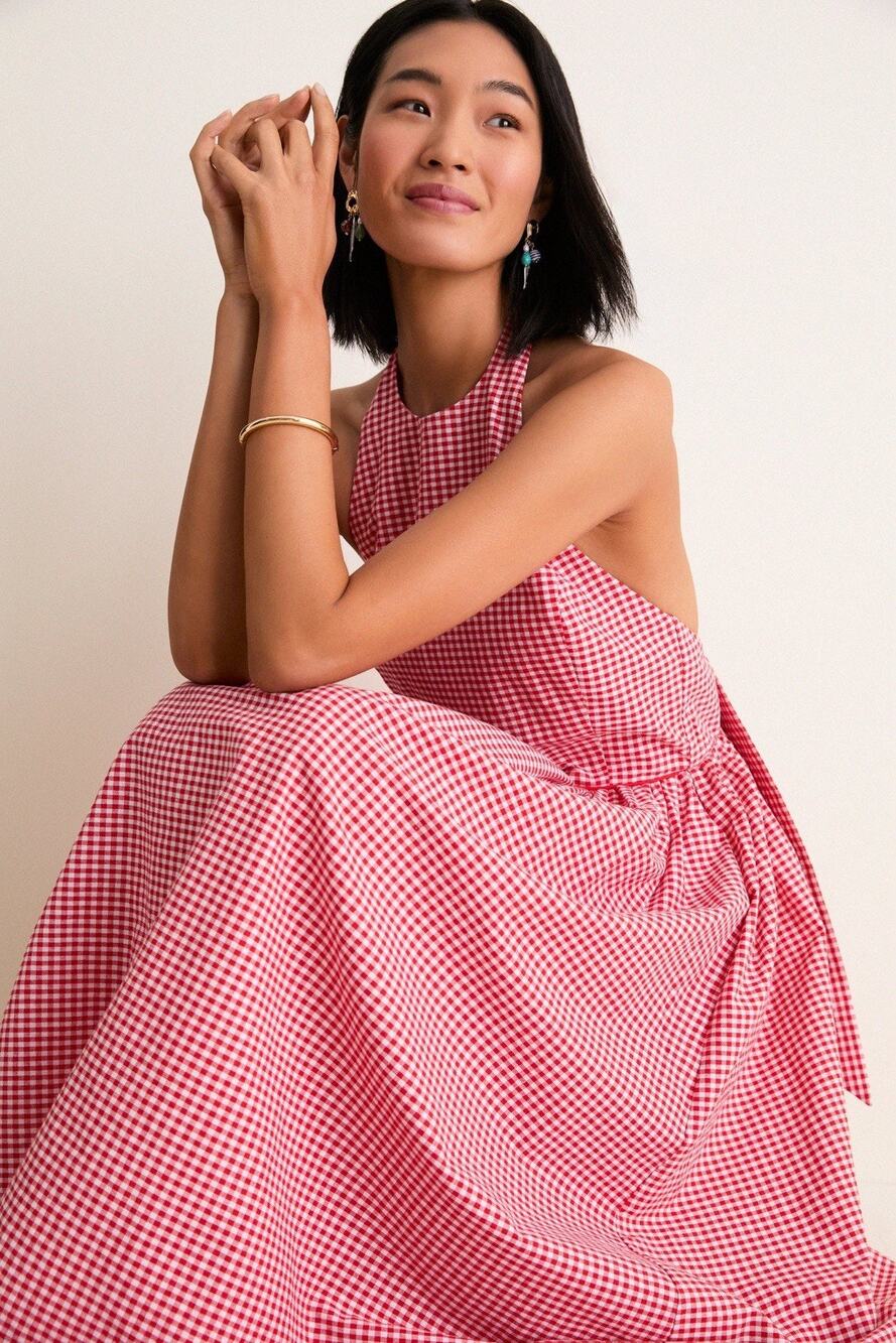NWT Tuckernuck Red Gingham Marcie Halter Maxi Dress XXL Linen Cotton
